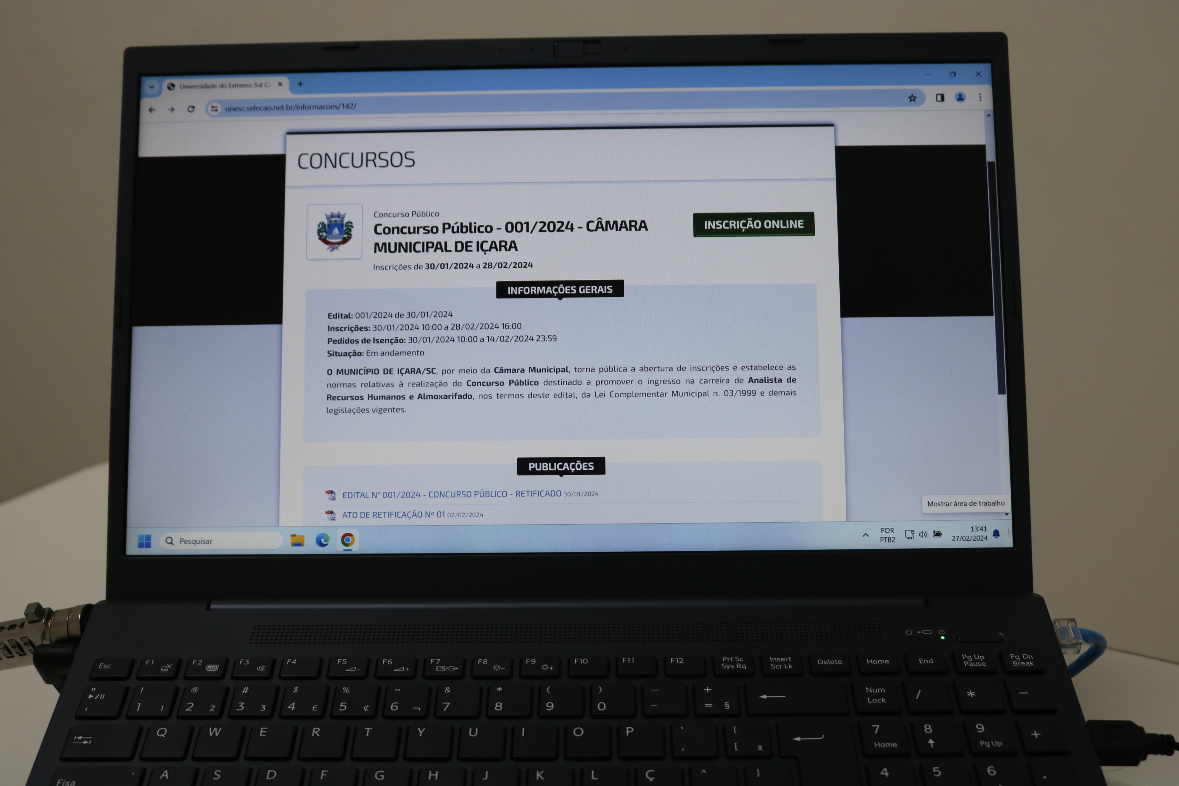 Inscri&ccedil;&otilde;es para concurso p&uacute;blico da C&acirc;mara de I&ccedil;ara (SC) encerra dia 28 de fevereiro