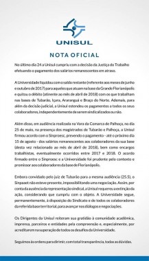Unisul emite nota oficial